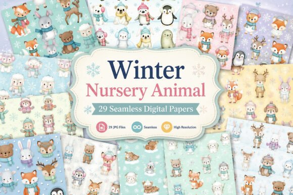 Download Winter Nursery Animal Seamless Patterns - Nursery animal Collection